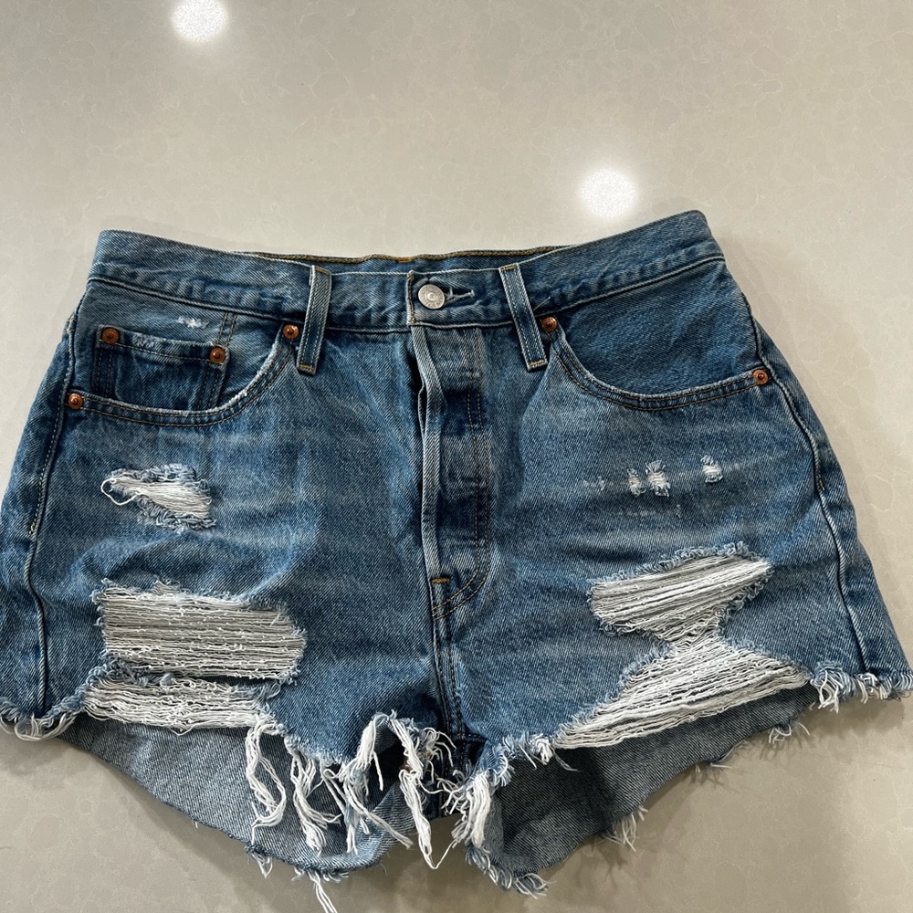Blue Distressed High-Waisted Jean Shorts